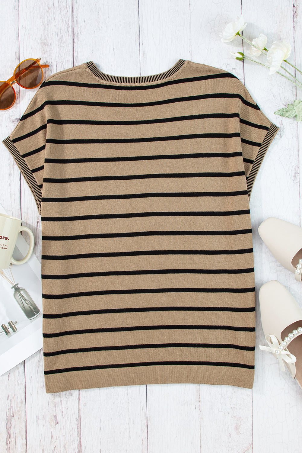 Khaki Stripe Knitted Dolman T Shirt