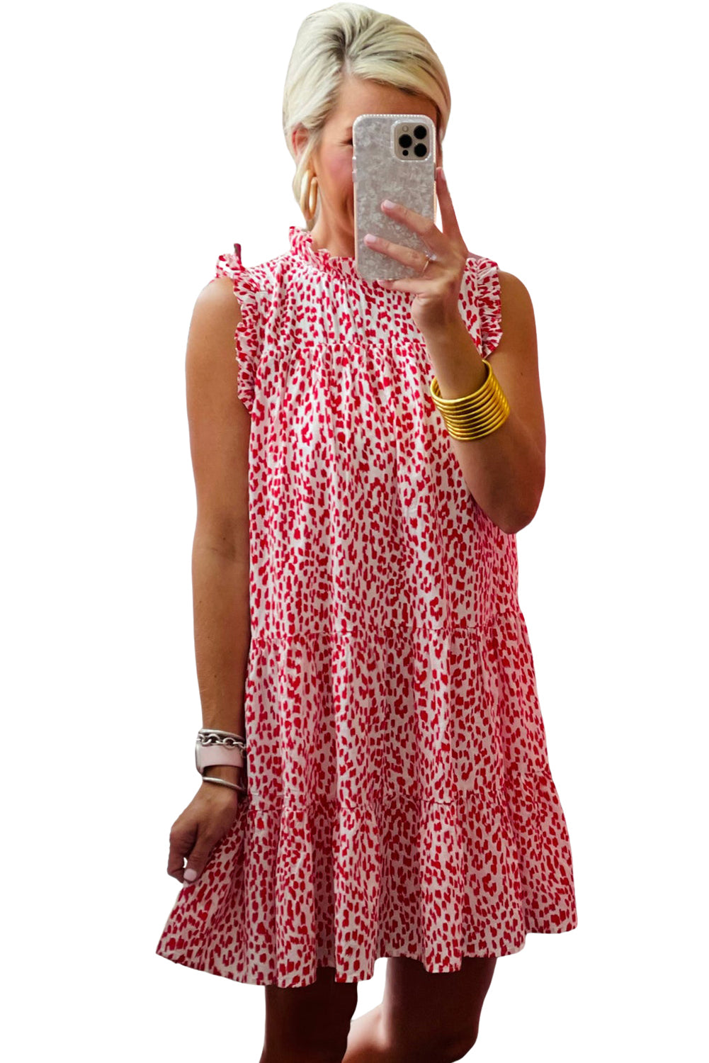 Pink Leopard Frilled Neck Shift Sleeveless Tank Short Dress