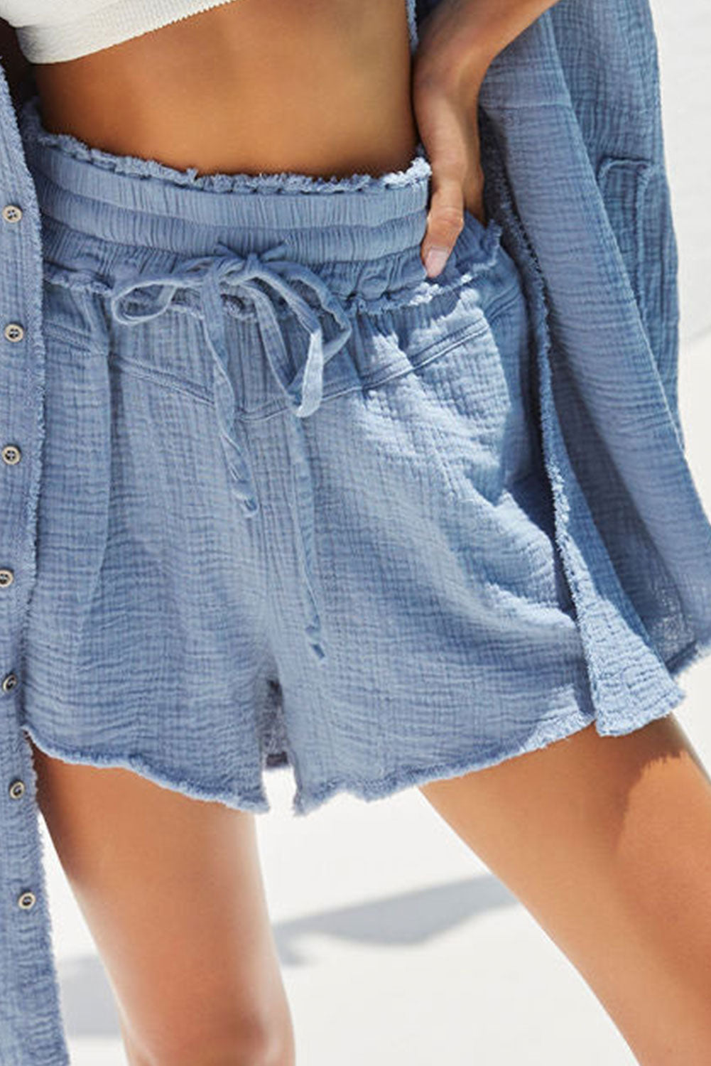 White Casual Smocked Raw Edge Pocketed Drawstring Shorts