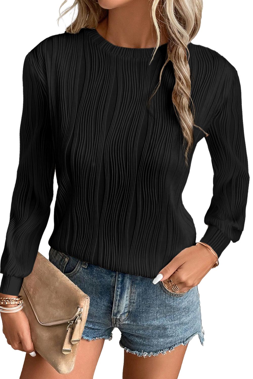 Black Wavy Textured Solid Color Drop Shoulder Pullover Top