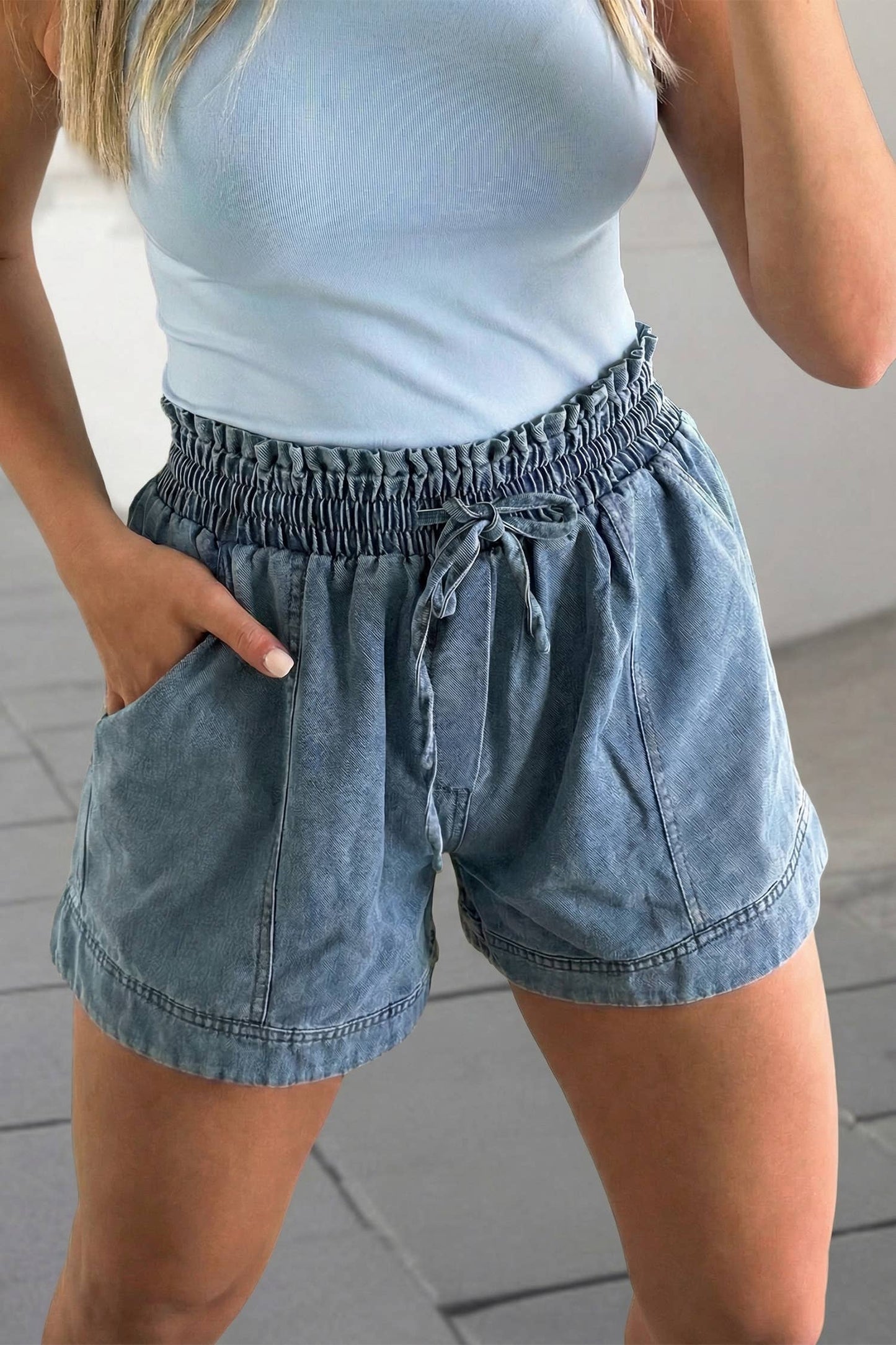 Smocked Elastic Waist Denim Shorts | S-XL