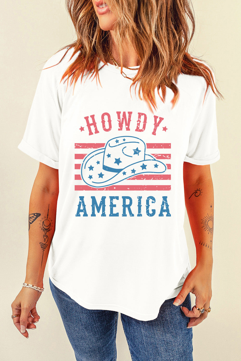 White HOWDY AMERICA Hat Graphic Round Neck T Shirt