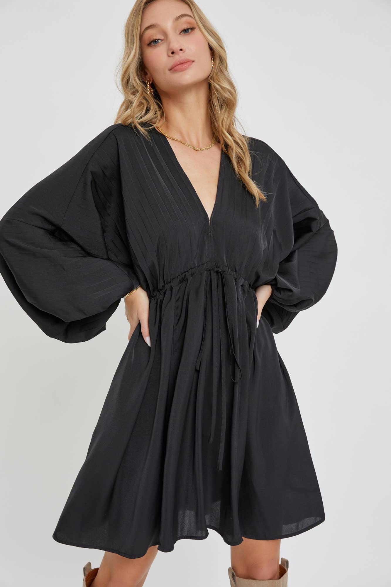 SATIN V NECK PLEATED DRESS
