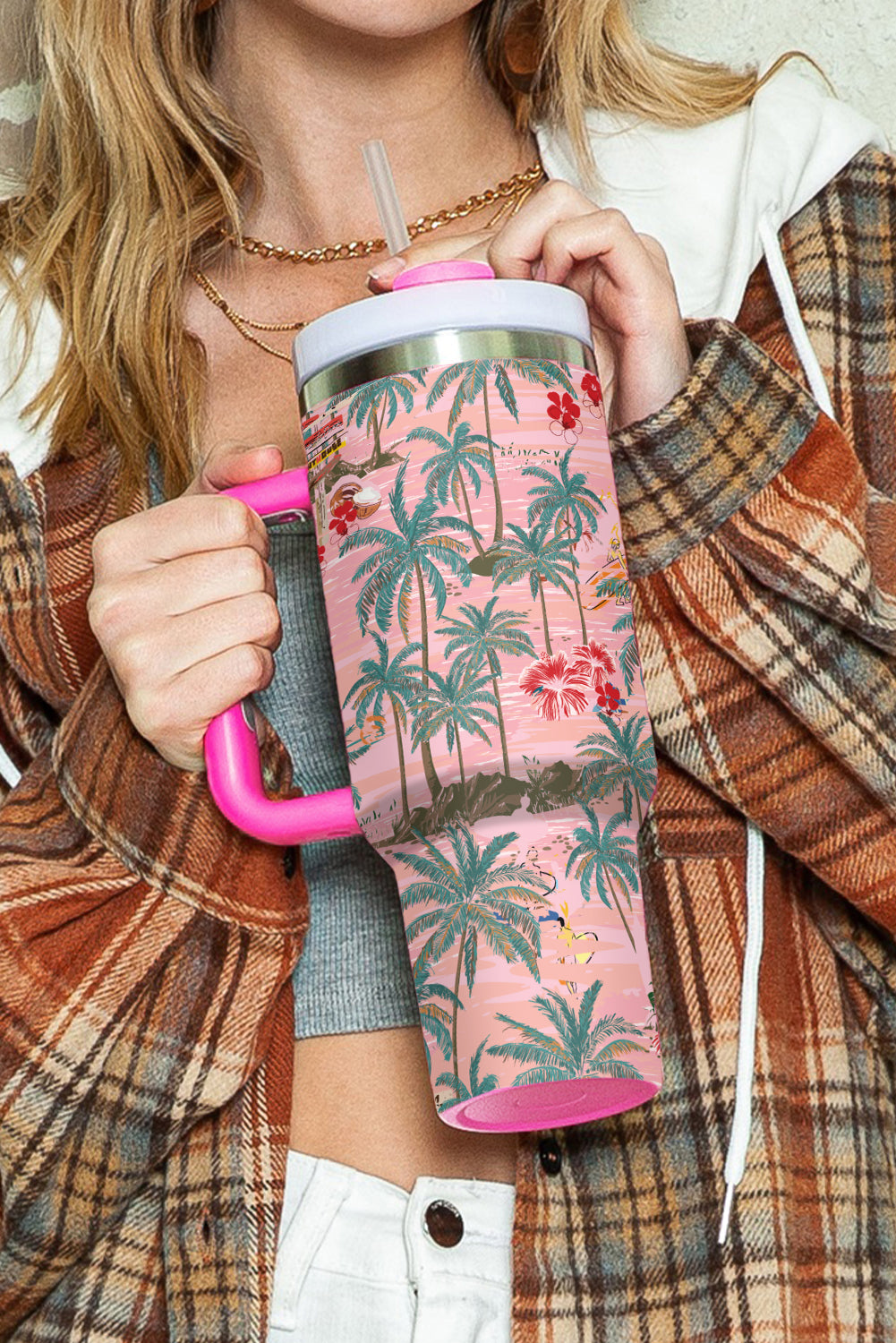 Rose Red Tropical Trees Print Stainless Steel Tumbler 40oz