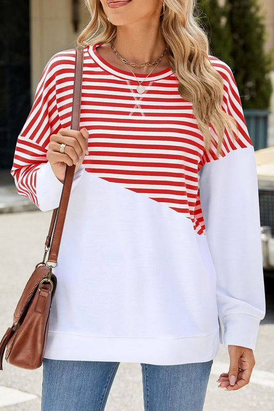 Fiery Red Crew Neck Stripe Long Sleeve Pullover Top