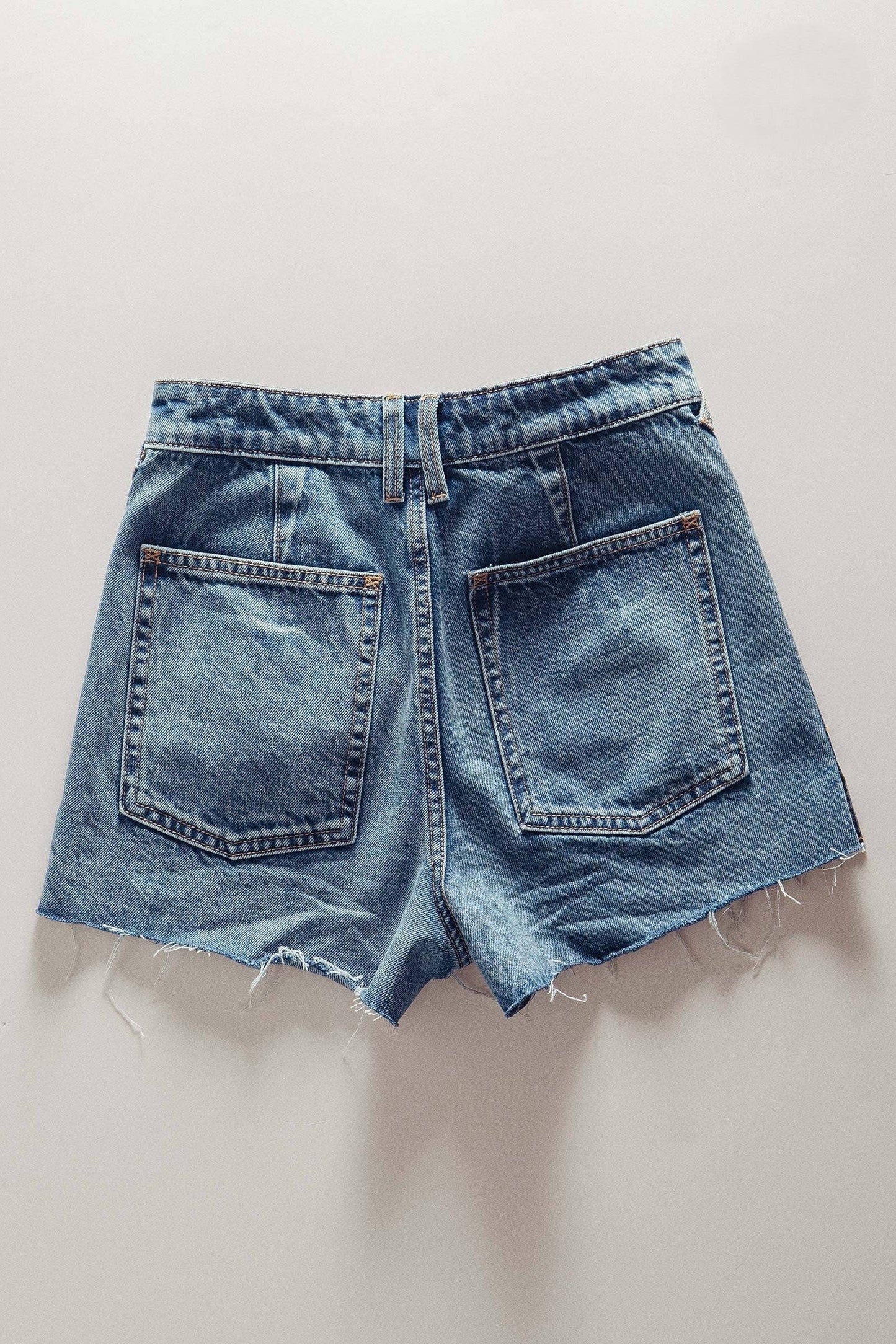 High Rise Patch Pocket Raw Hem Denim Shorts