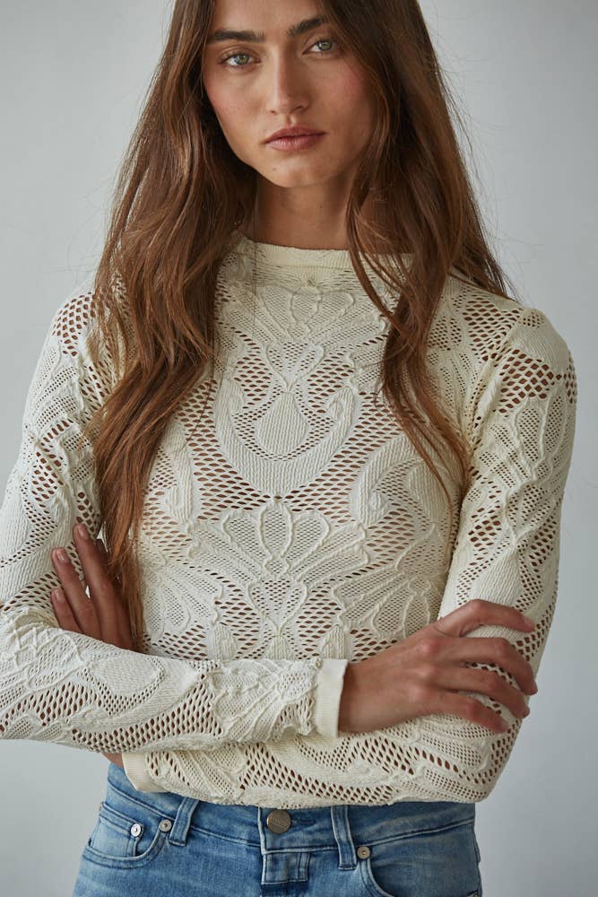 S1228 | Knit Seamless Jacquard Mock Neck Long Sleeve Top
