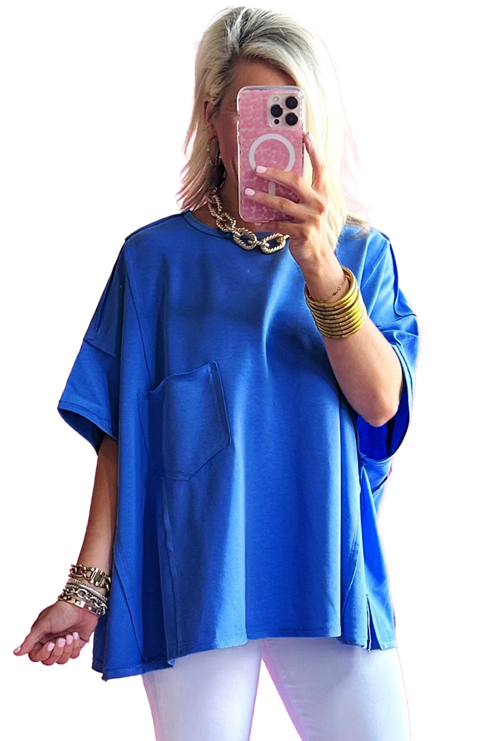 Bright Pink Patched Pocket Exposed Seam Oversized T Shirt