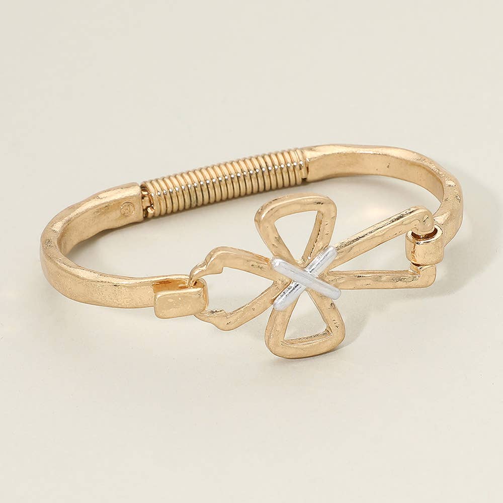 Hammered Metal Open Two Tone Cross Accent Hinged Bangle Bracelet