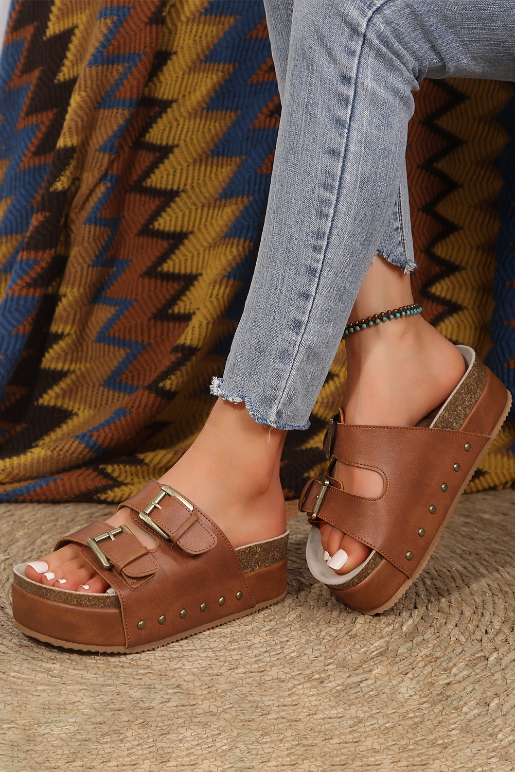 Chestnut Dual Buckle Studded Vintage Platform Sandals