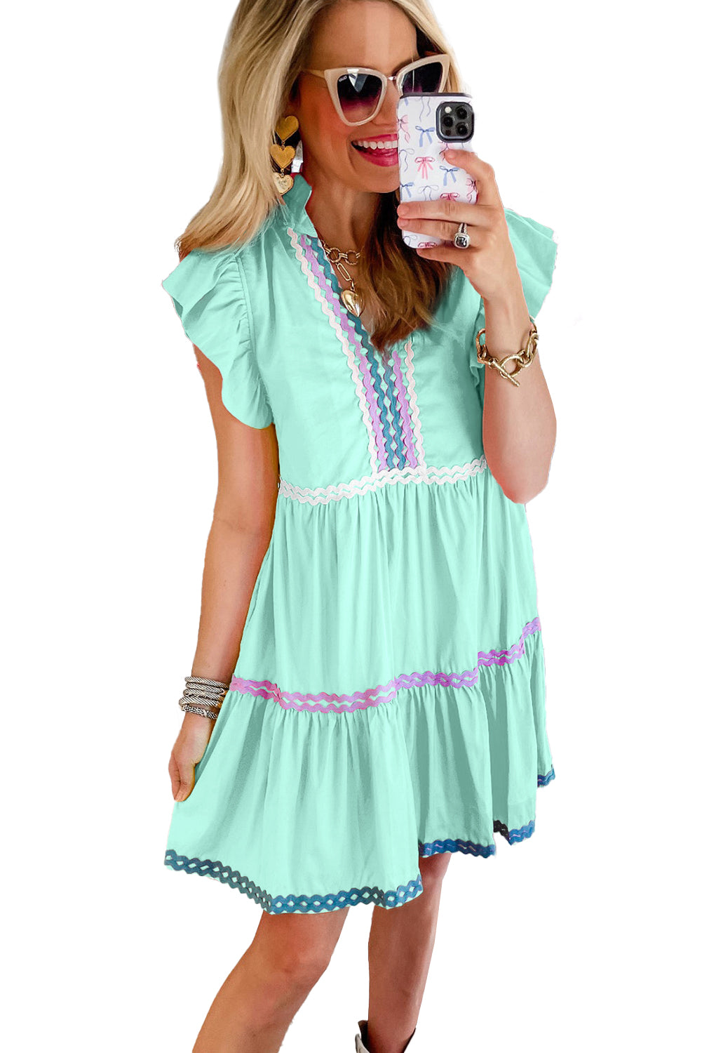 Mint Green Flutter Sleeve V Neck Ric Rac Tiered Dress