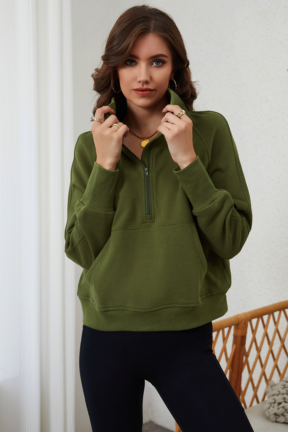 Parchment Quarter Zip Stand Neck Kangaroo Pocket Sweatshirt