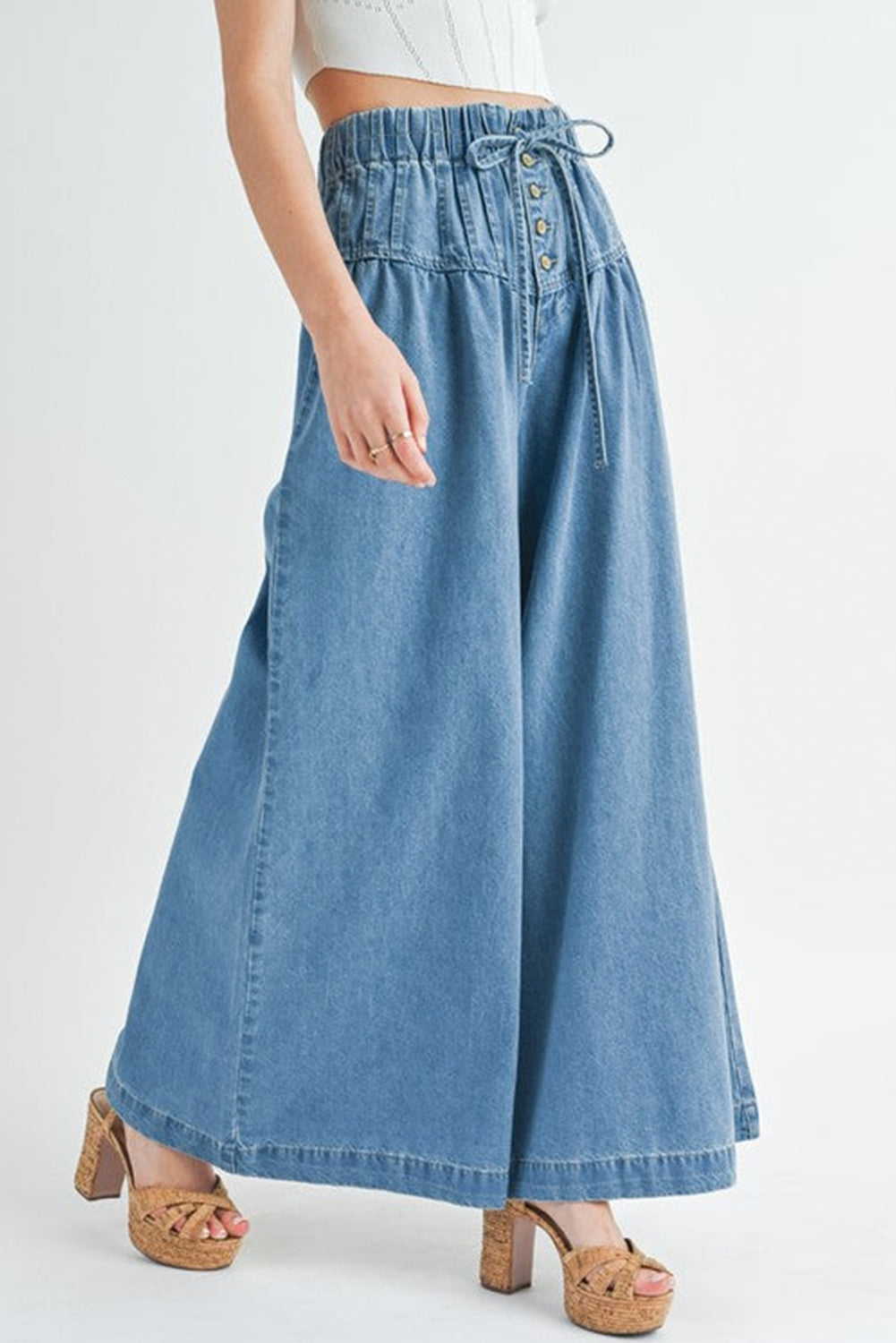 Dusk Blue Mineral Wash Button High Waist Wide Leg Jeans