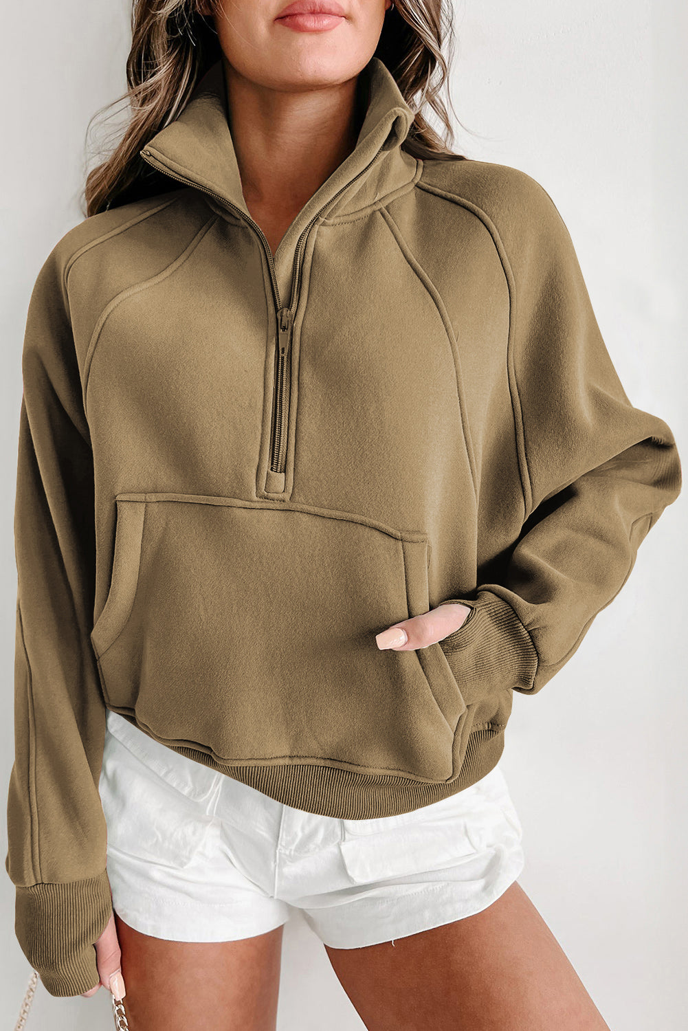 Parchment Quarter Zip Stand Neck Kangaroo Pocket Sweatshirt