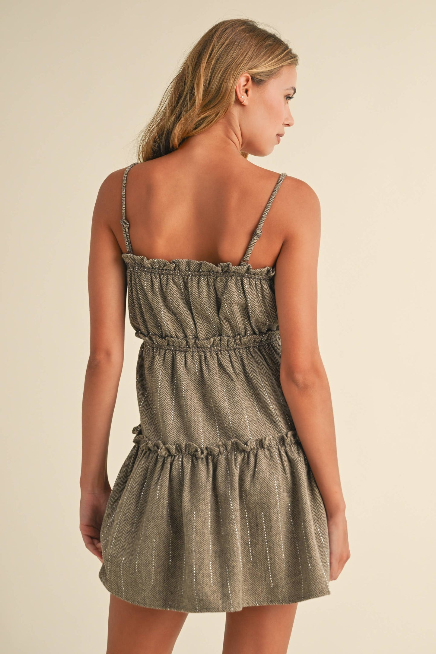 ID8606 EMBELLISHED HERRINGBONE TIERED RUFFLE MINI DRESS