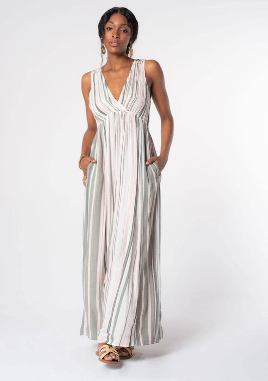 Striped Sleeveless V Neck Maxi Dress