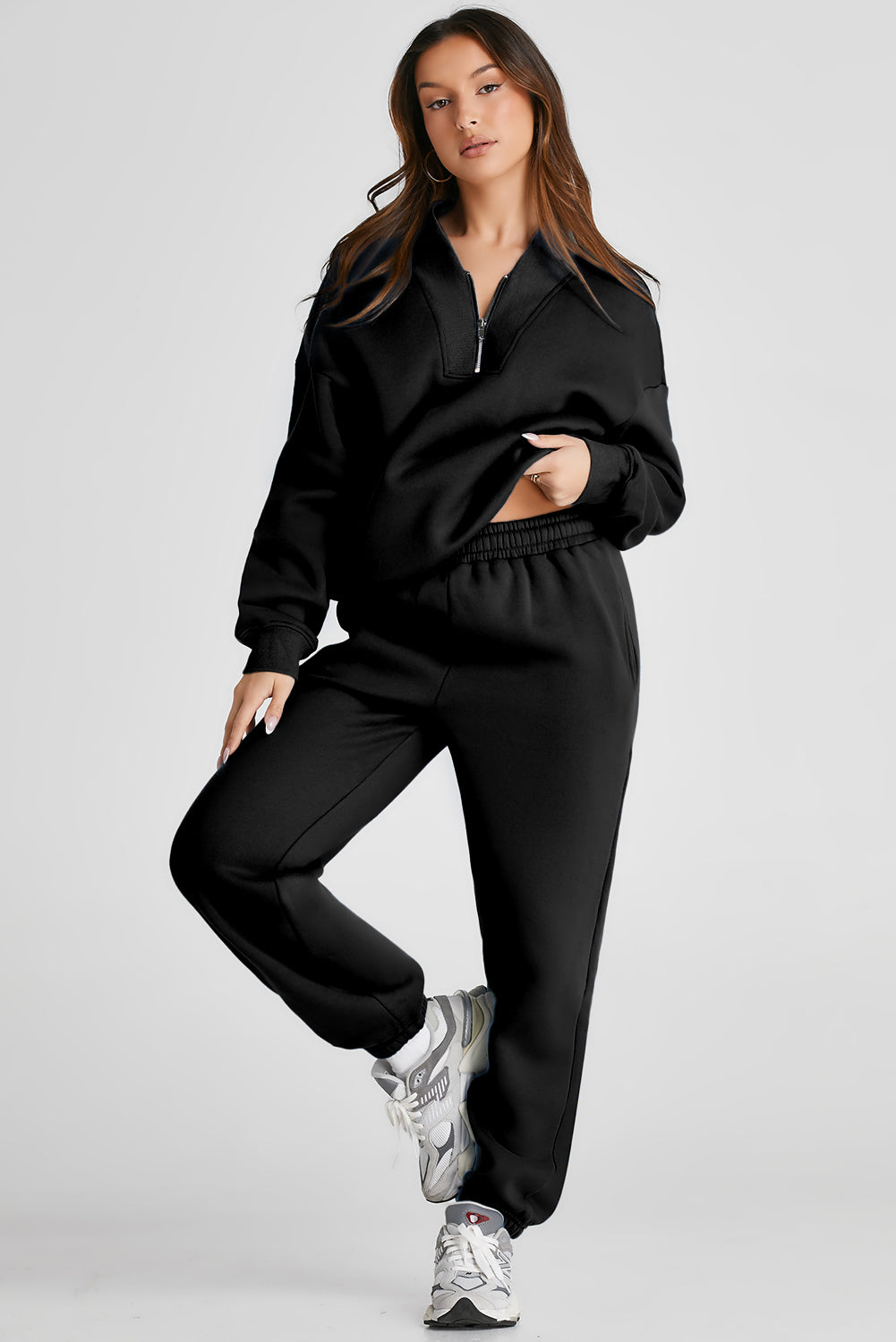 Black Plain Half Zip V Neck Top & Ribbed Edge Loose Pants Sets