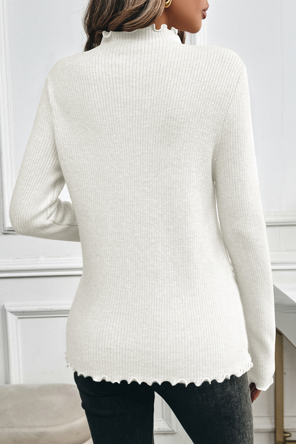 White Knit Fleece Lined Lettuce Edge Slim Fit Top