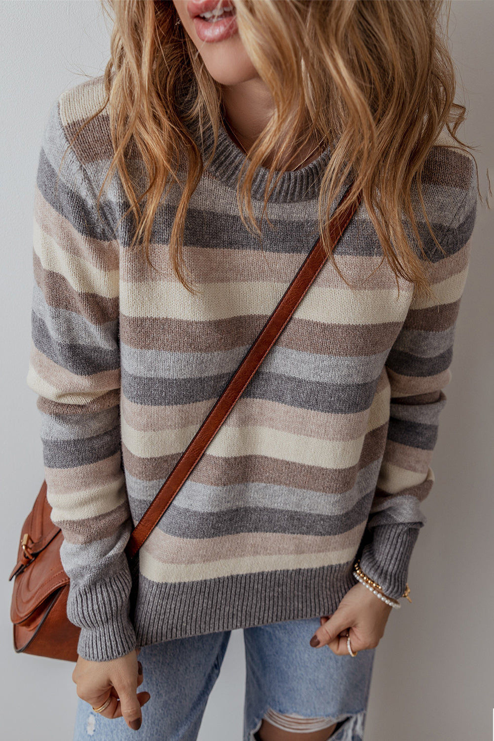 Gray Striped Ribbed Edge Round Neck Sweater