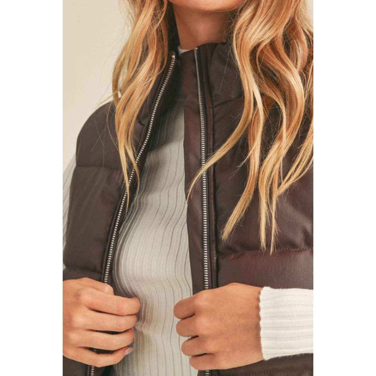 FAUX LEATHER HIGH NECK ZIP UP PUFFER VEST