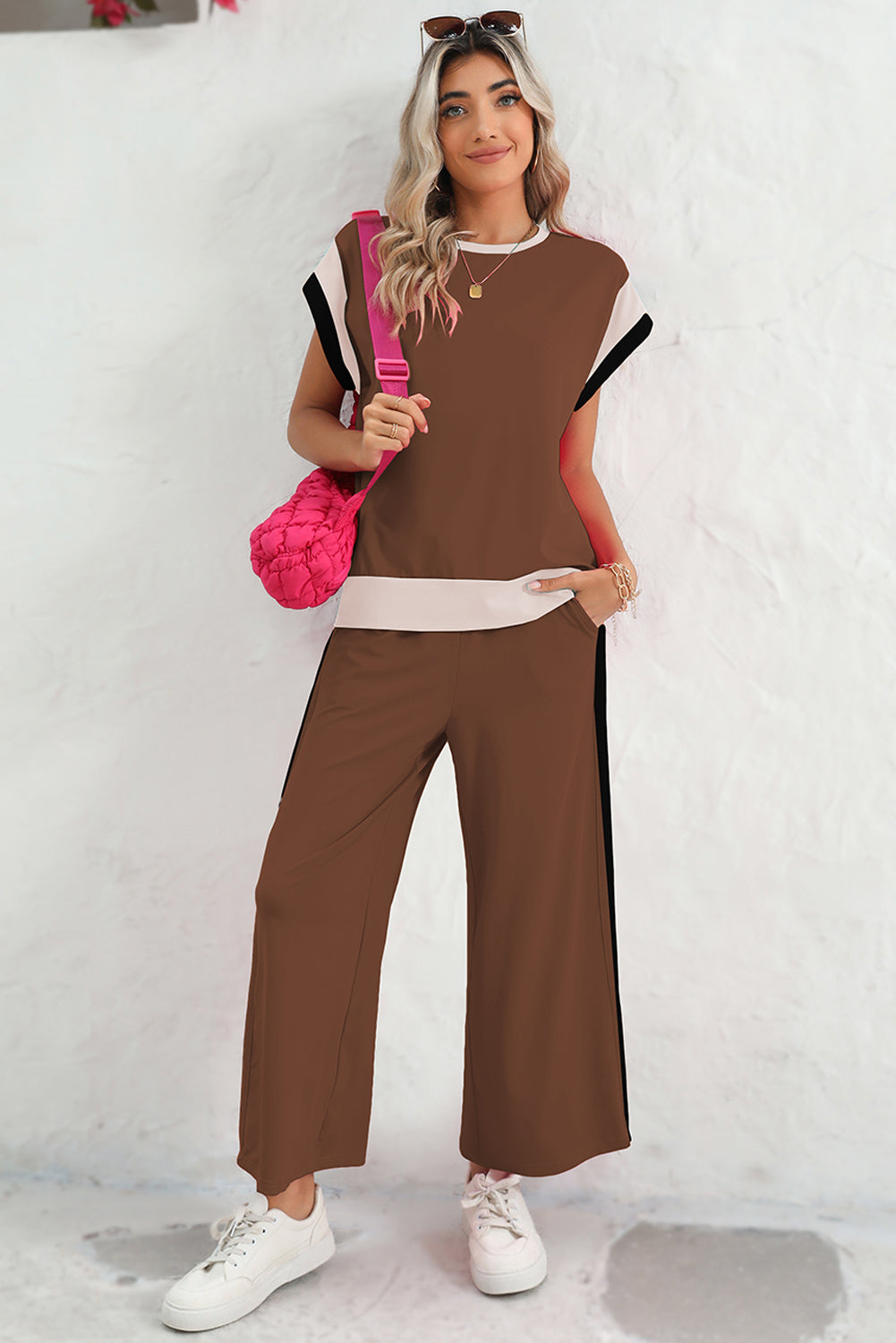 Strawberry Pink Colorblock Cap Sleeve Tee and Wide Leg Pants Set