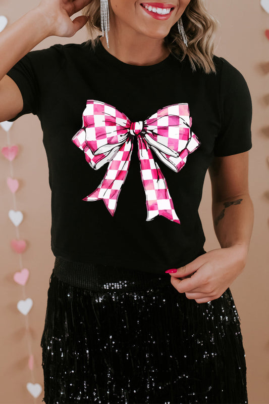 Black Checkered Bowknot Graphic Crewneck T Shirt