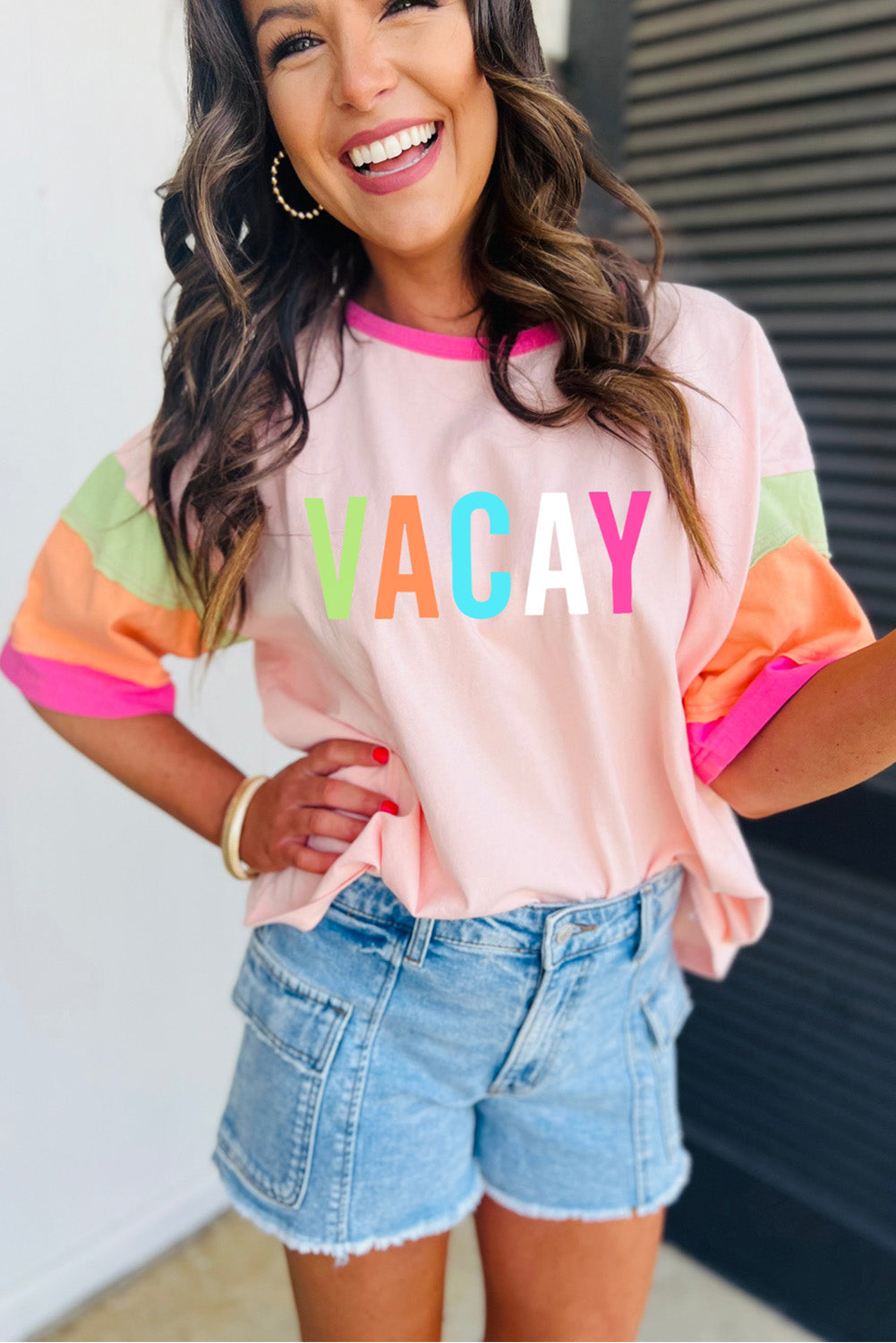 Pink Color Block VACAY Graphic Half Sleeve T Shirt