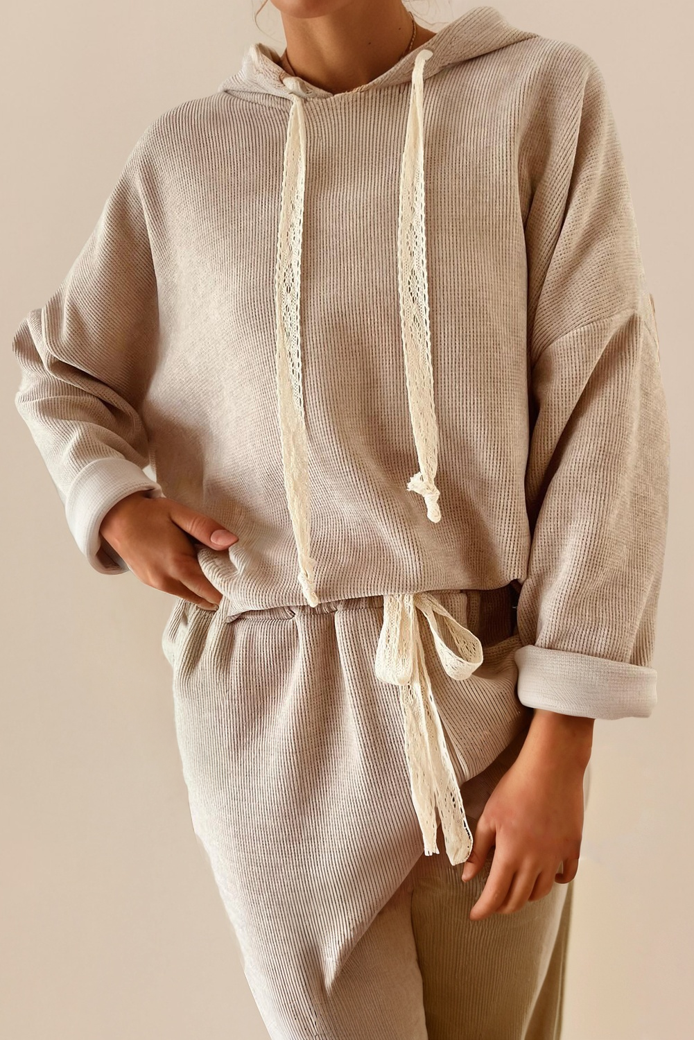Drawstring Pullover Hoodie and High Waist Pants Corduroy Set