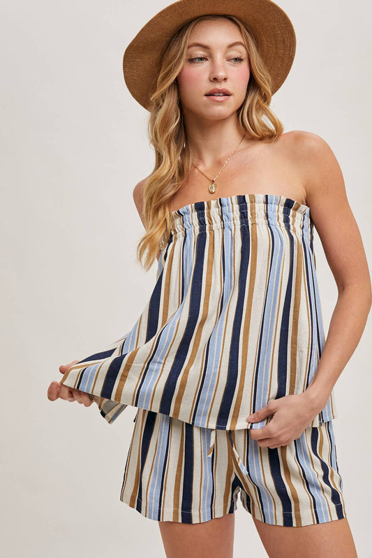 CORFU STRIPED SLEEVELESS SMOCKED TOP & SHORTS SET