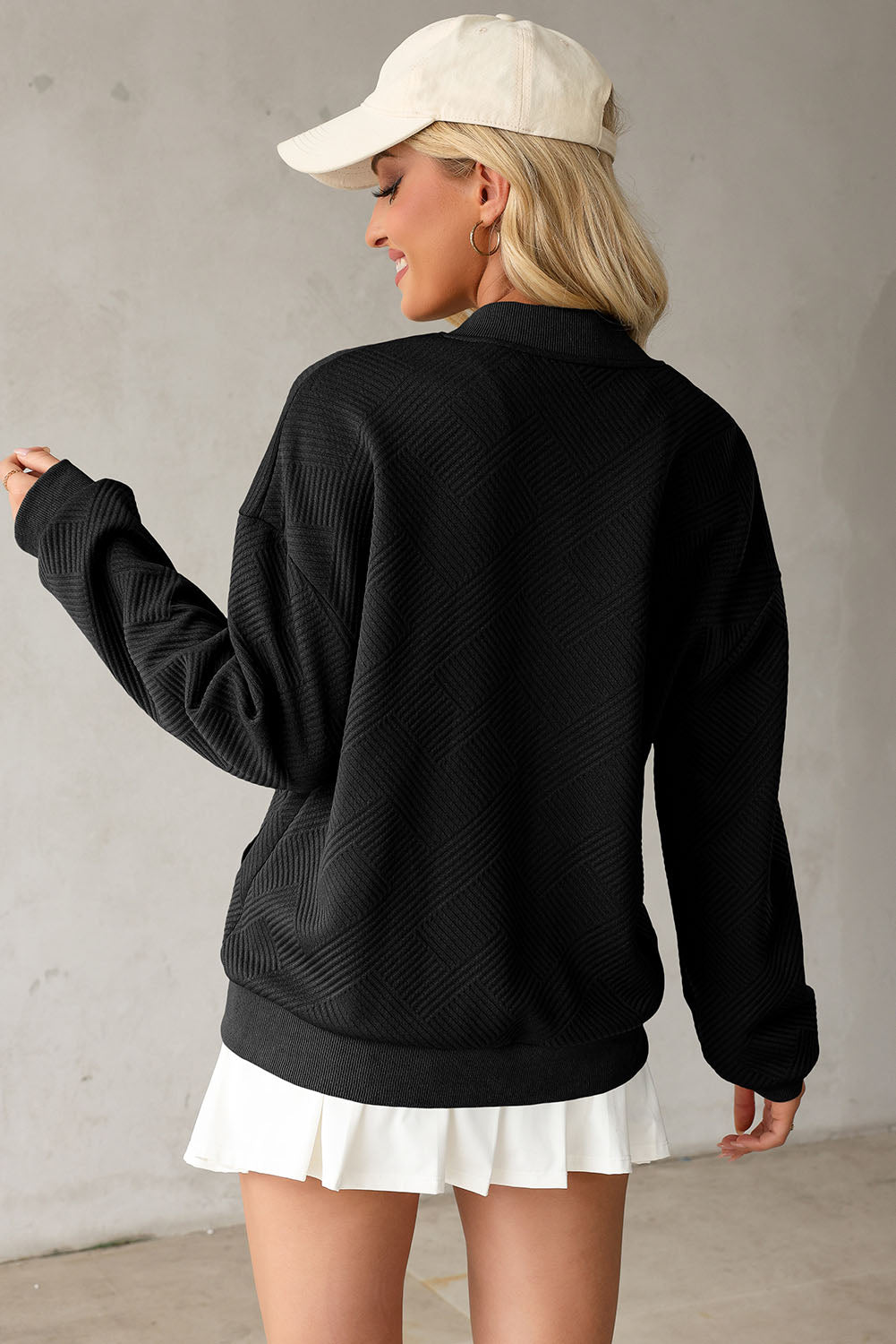 Black Plain Textured Stand Neck Zipper Bomber Jacket