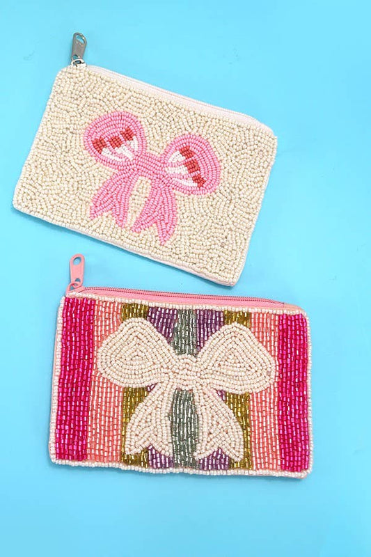BOW RIBBON RAINBOW WHITE SEED BEAD HOLIDAY POUCH