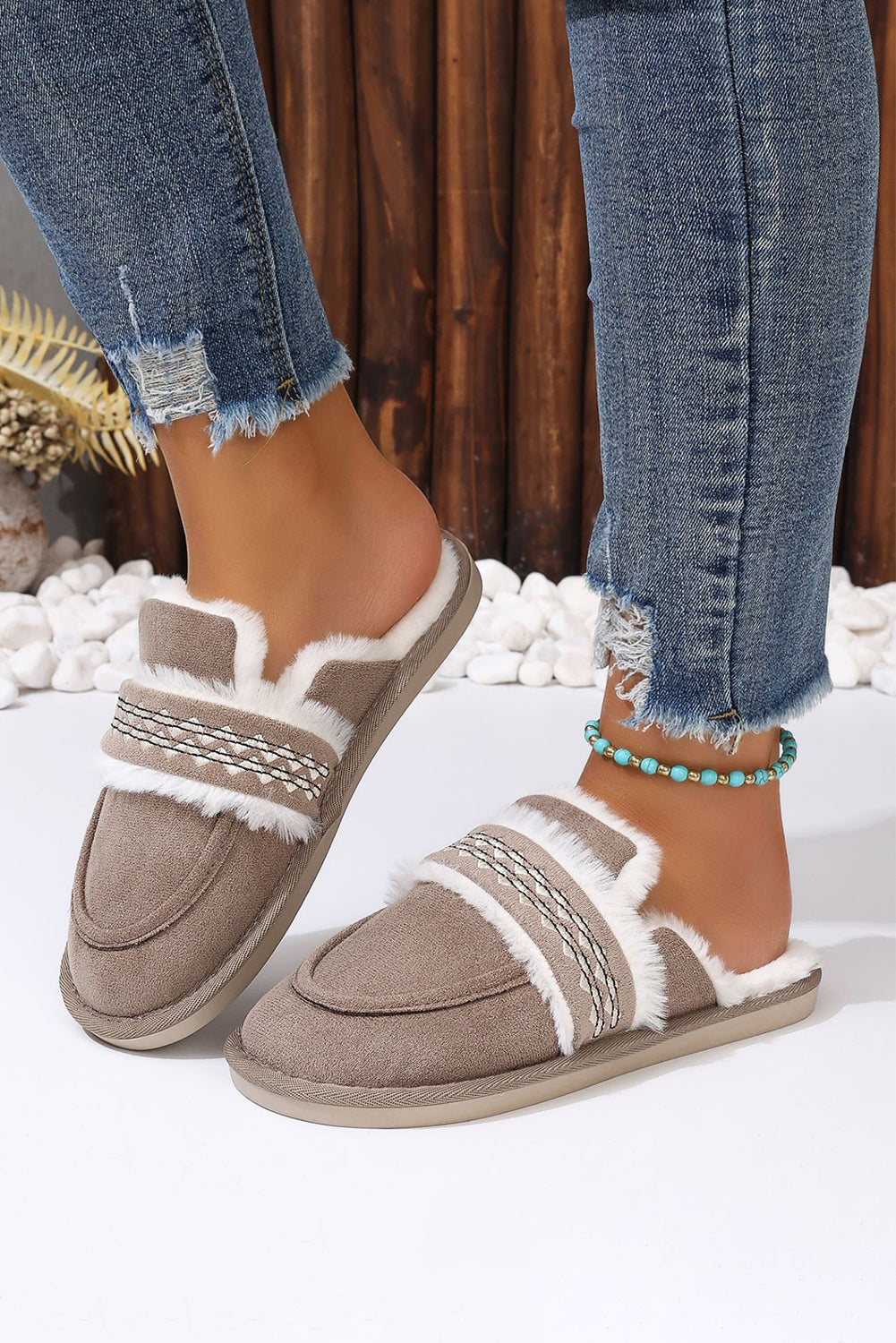 Gray Suede Wavy Striped Plush Lined Home Slippers