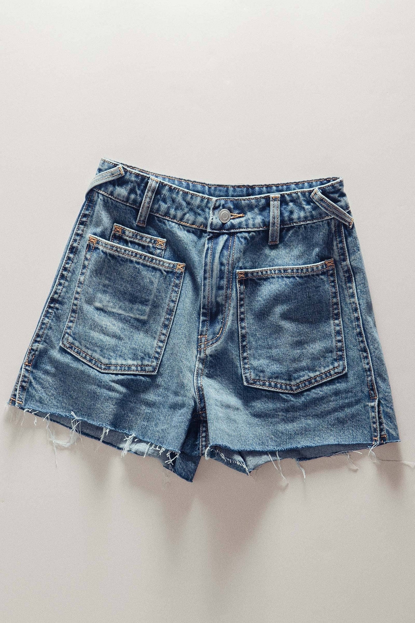 High Rise Patch Pocket Raw Hem Denim Shorts