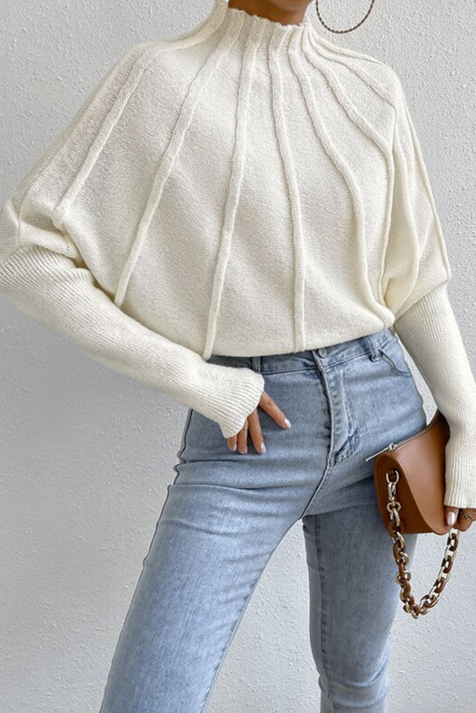 White Mock Neck Plain Dolman Sweater