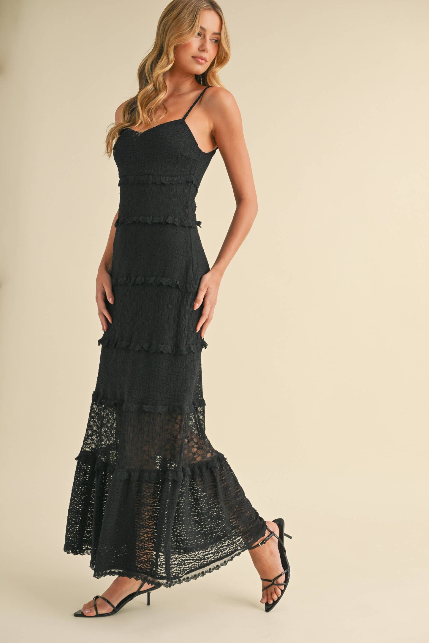 ID8566  TIERED RUFFLED LACE MAXI DRESS WITH PARTIAL LINING