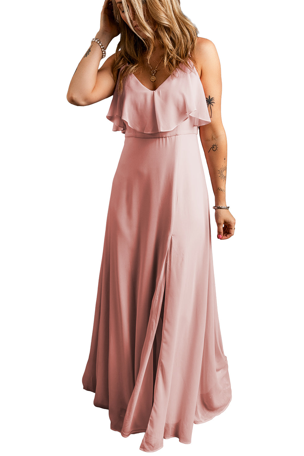 Light Pink Spaghetti Straps V Neck Ruffled Split Long Dress