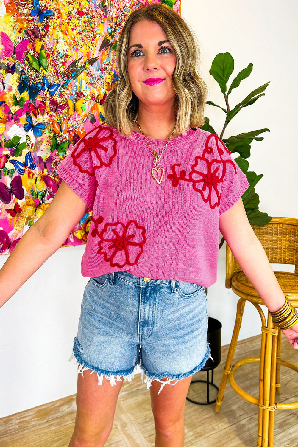 Bright Pink Contrast Trim Flower Knit Top