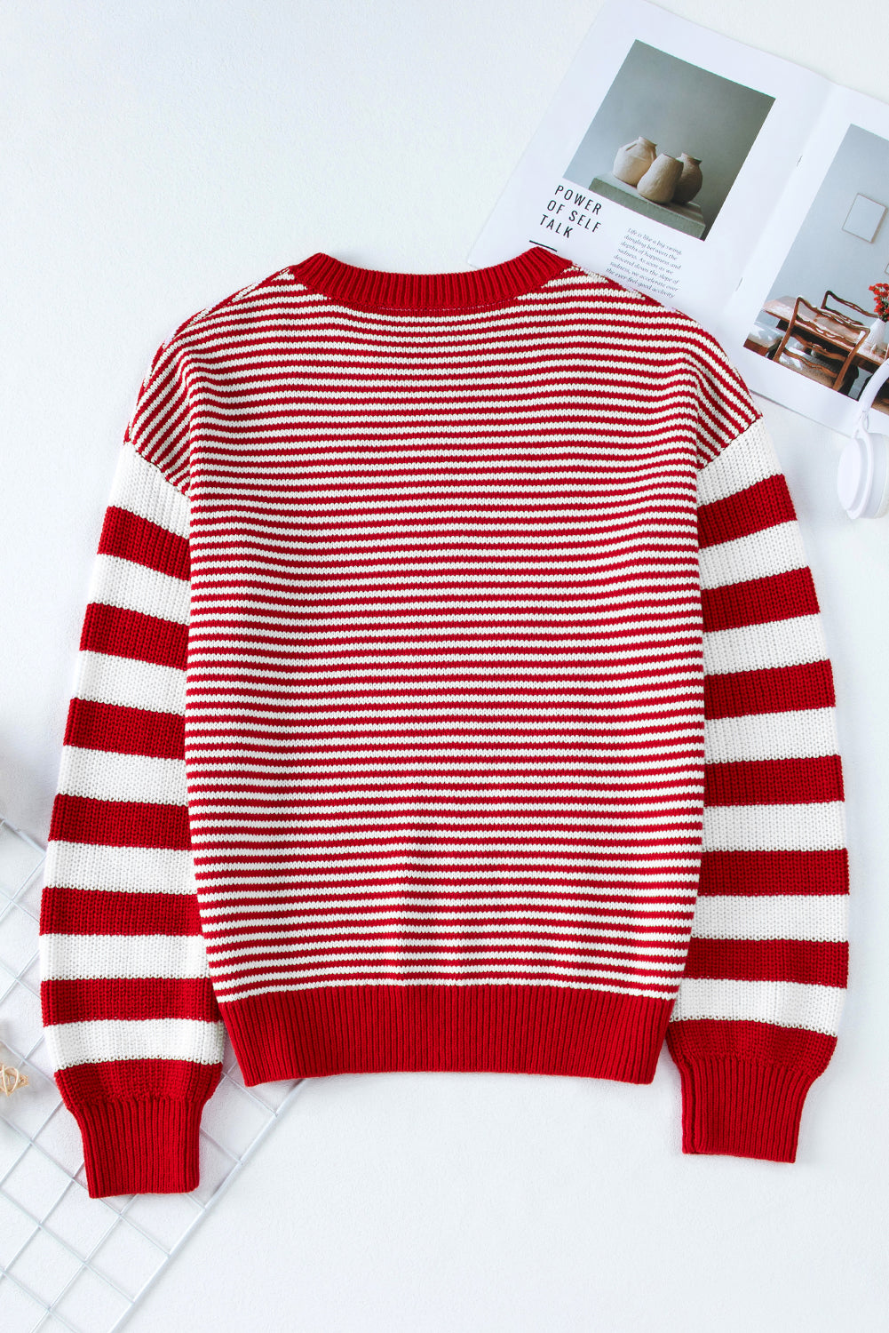 Brown Stripe Twisted Knitted Drop Shoulder Sweater