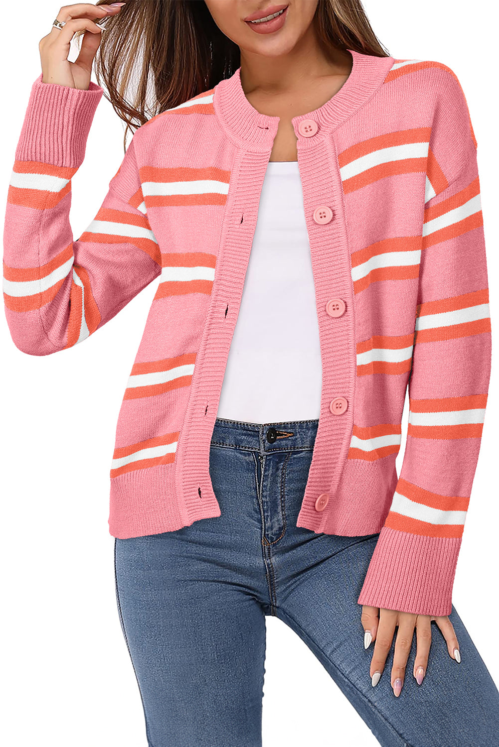 Pink Stripe Button-up Short Cardigan