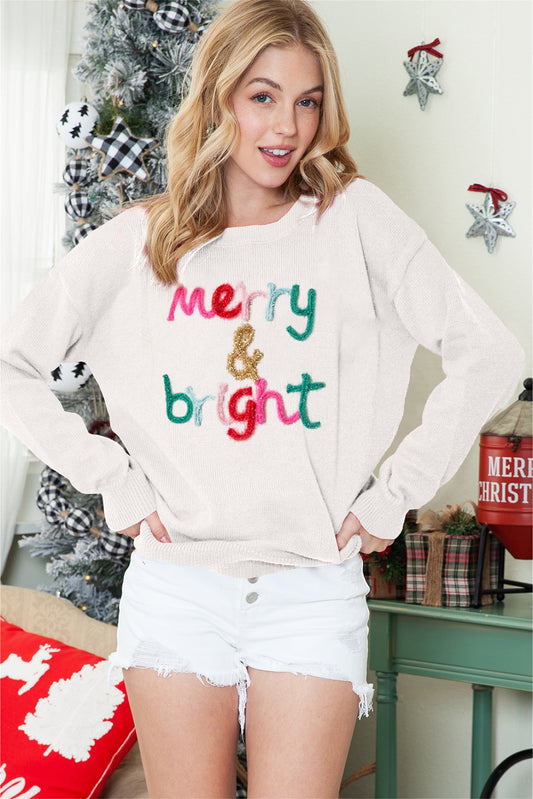 White Glitter Merry & Bright Round Neck Knit Sweater