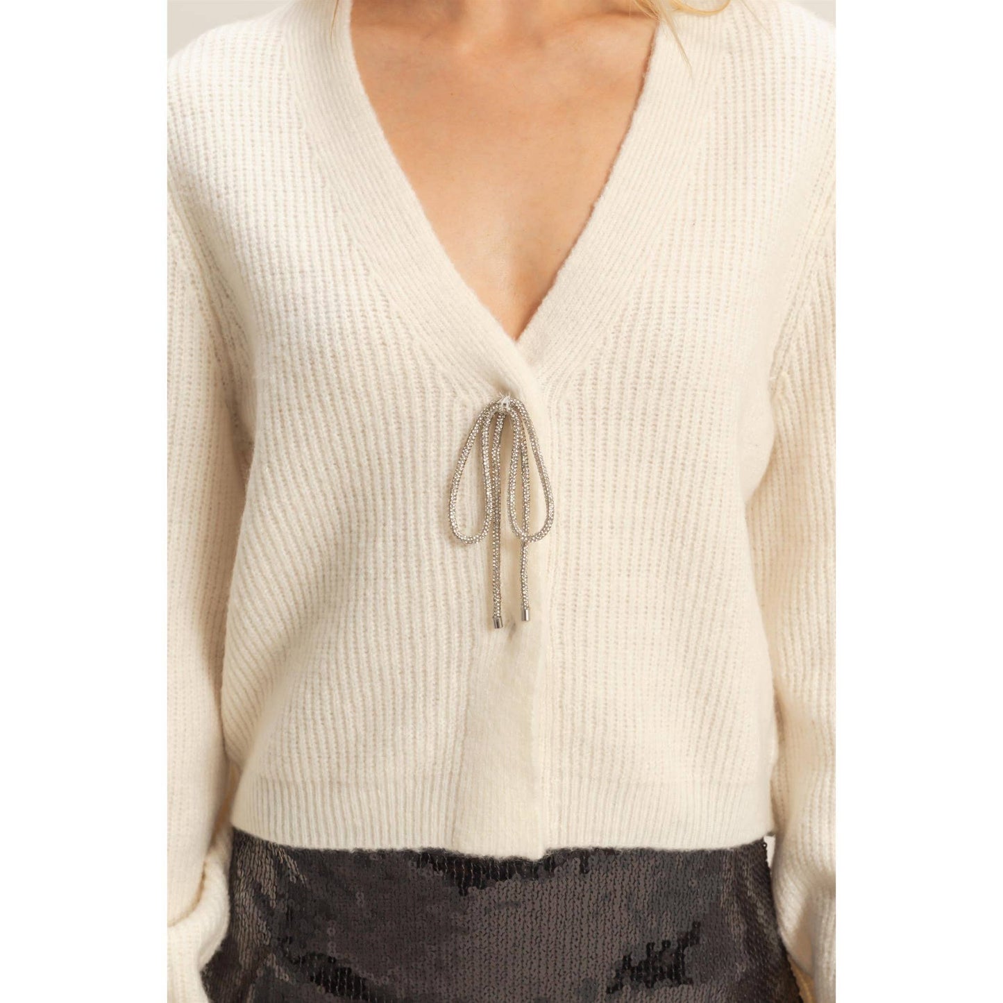 Sparkly Bow Embellished Cozy Cardigan