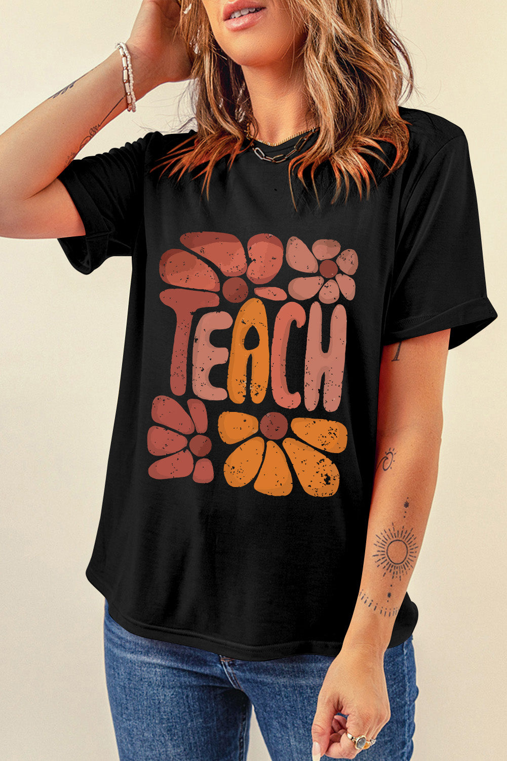 Black TEACH Crew Neck Casual T Shirt