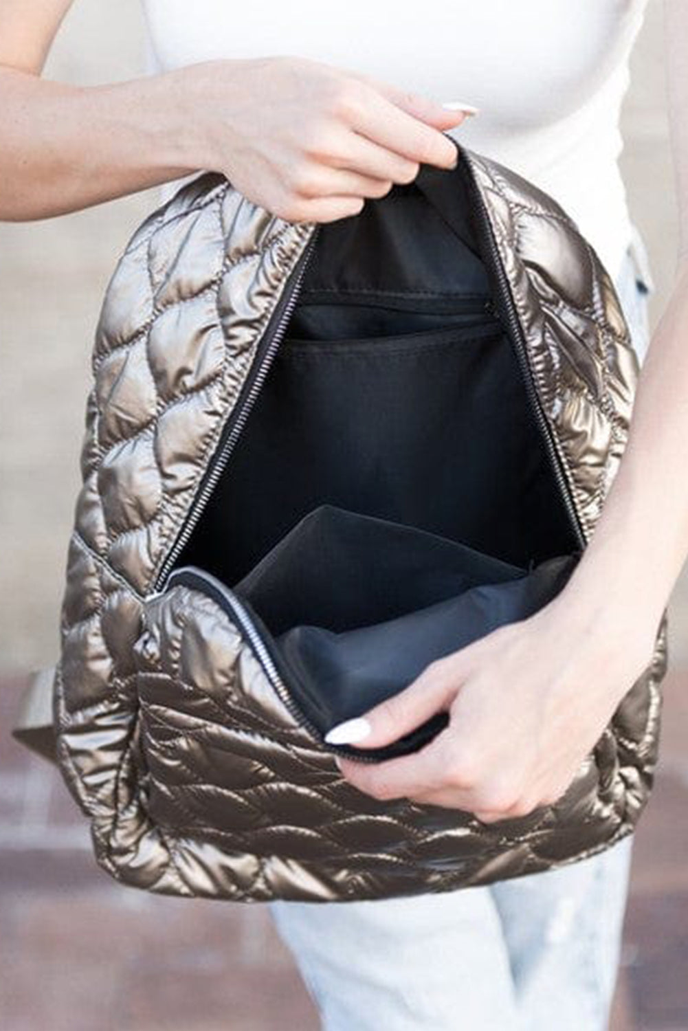 Silvery Solid Color Quilted Zipped Backpack