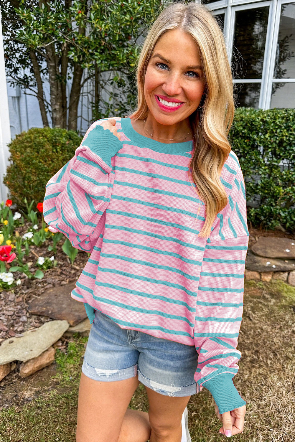 Pink Stripe Round Neck Drop Shoulder Loose Sweater