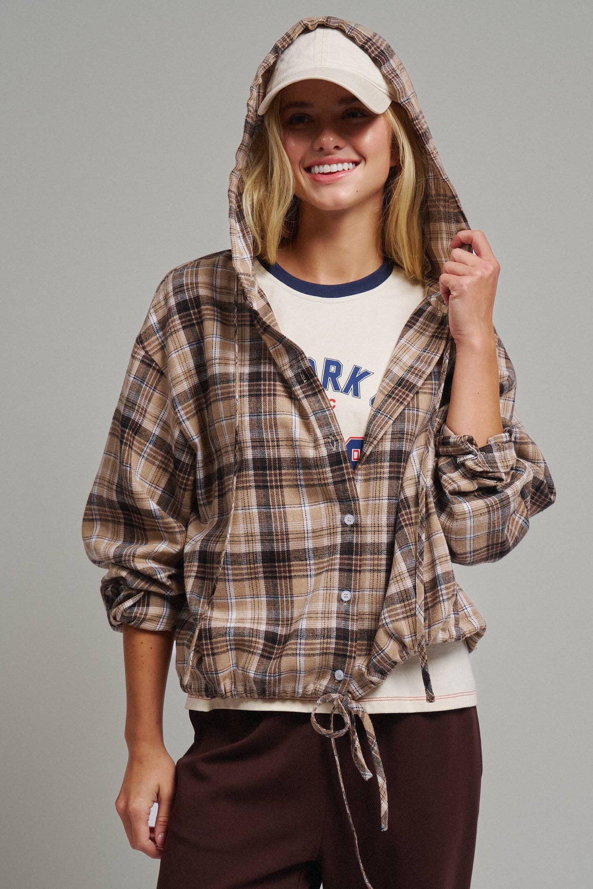 Plaid Flannel Hooded Shacket with Drawstring Hem
