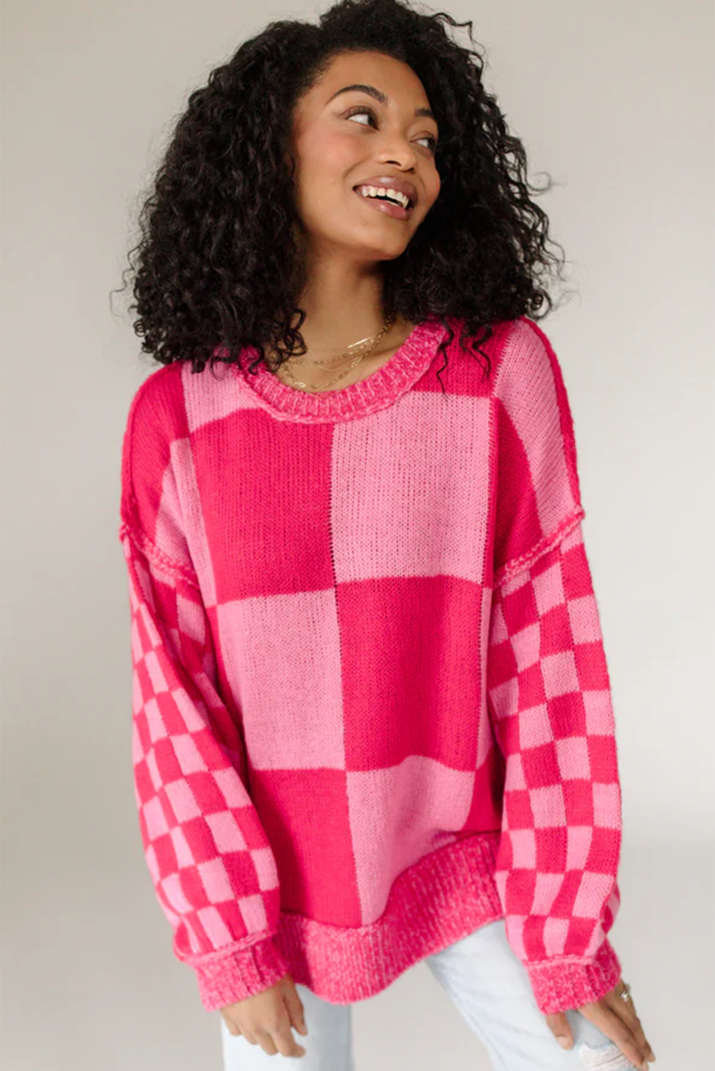 Rose Red Checkered Drop Sleeve Knit Sweater