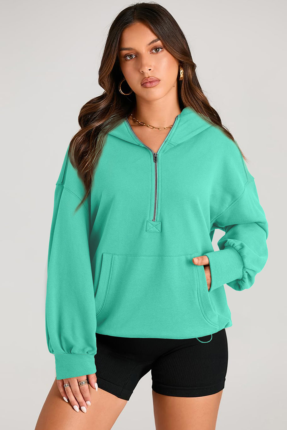 Parchment Kangaroo Pocket Half Zipper Oversized Hoodie