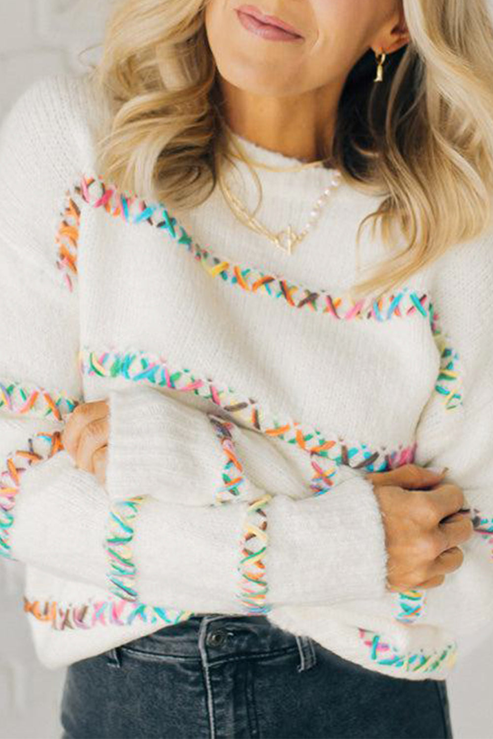 White Colorful Cross Stitch Drop Shoulder Sweater