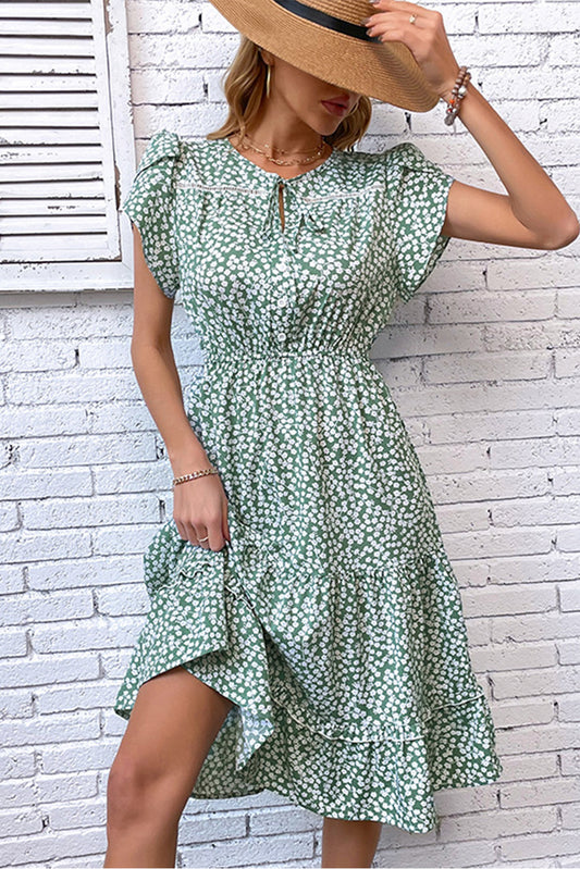 Green Ditsy Floral Print Tulip Sleeve Midi Dress