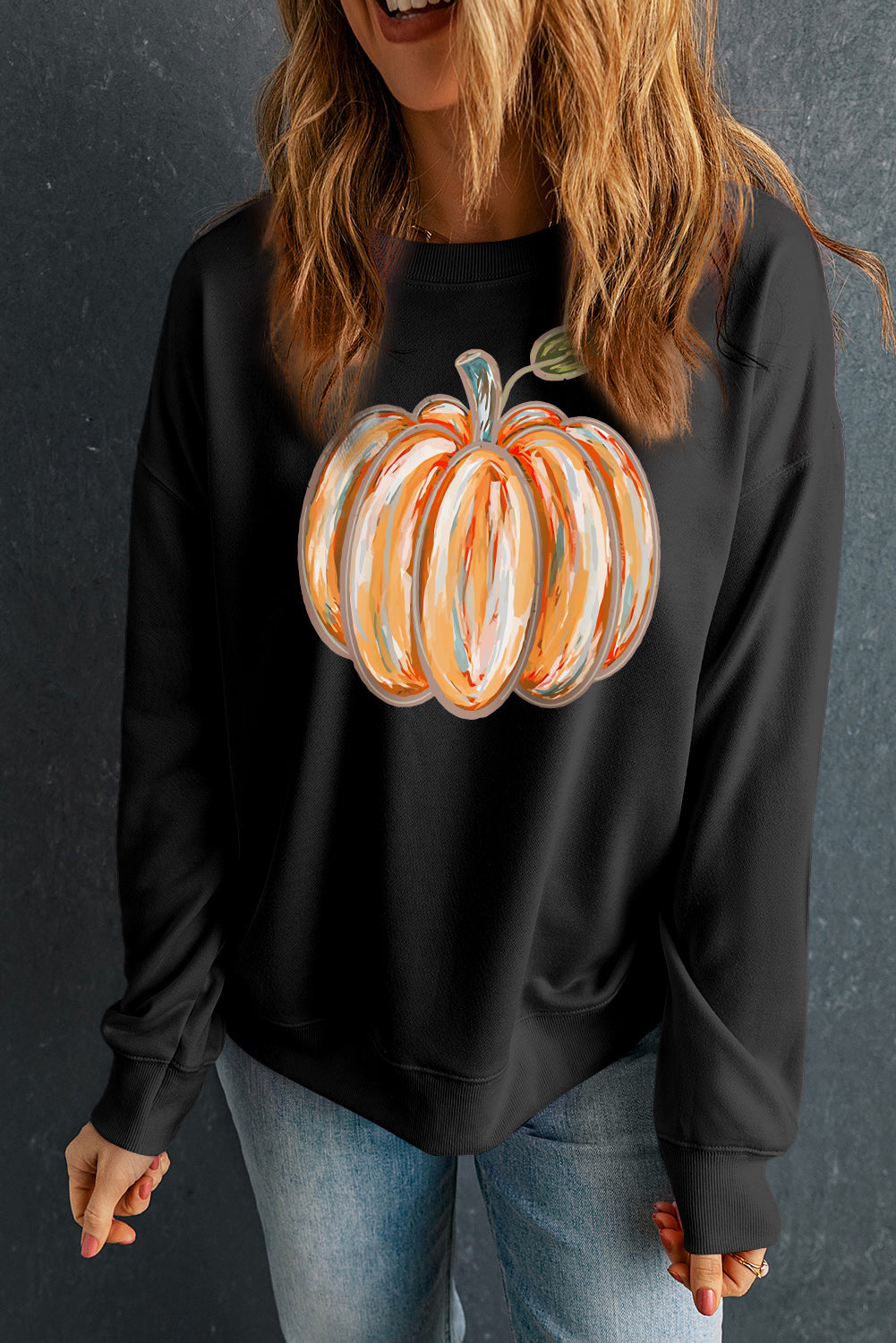 Black Fall Pumpkin Graphic Drop Shoulder Sweatshirt